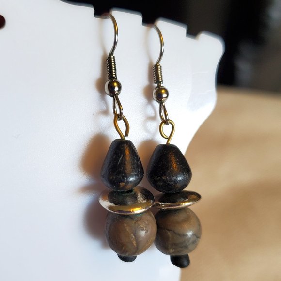 Silver Tone Hook Wood and Stone Bead Earrings - Picture 2 of 3